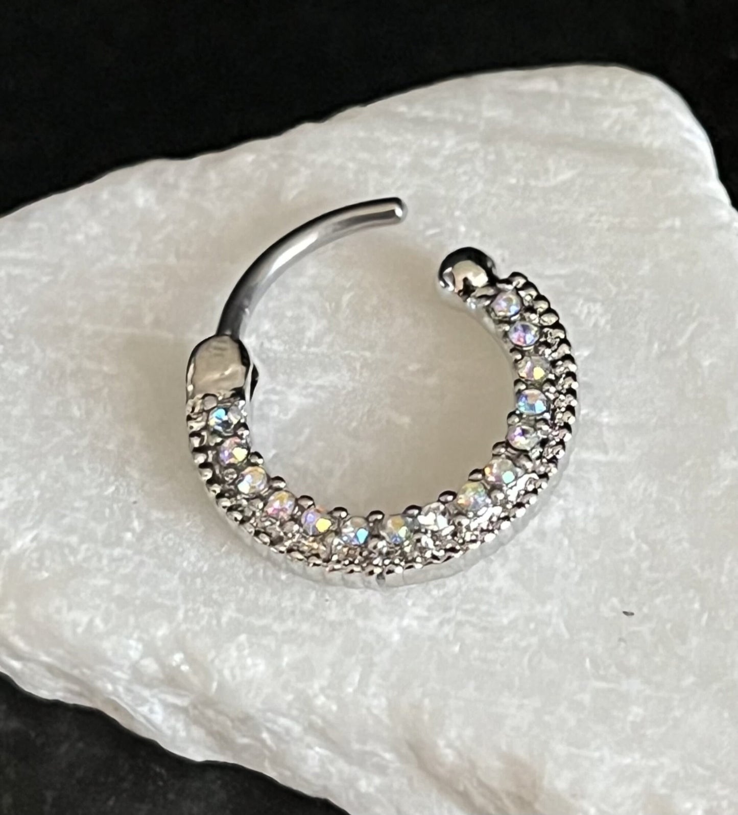 1 Piece Round CZ Paved Gems Steel Septum Segment Ring 16g or 14g - Aurora Borealis, Aqua, Clear, Pink & Purple Available!