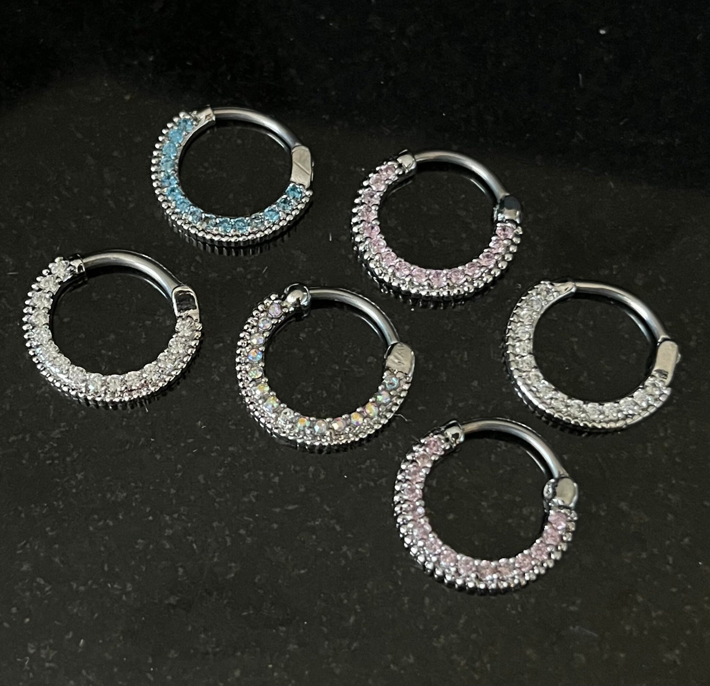 1 Piece Round CZ Paved Gems Steel Septum Segment Ring 16g or 14g - Aurora Borealis, Aqua, Clear, Pink & Purple Available!