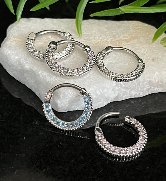 1 Piece Round CZ Paved Gems Steel Septum Segment Ring 16g or 14g - Aurora Borealis, Aqua, Clear, Pink & Purple Available!