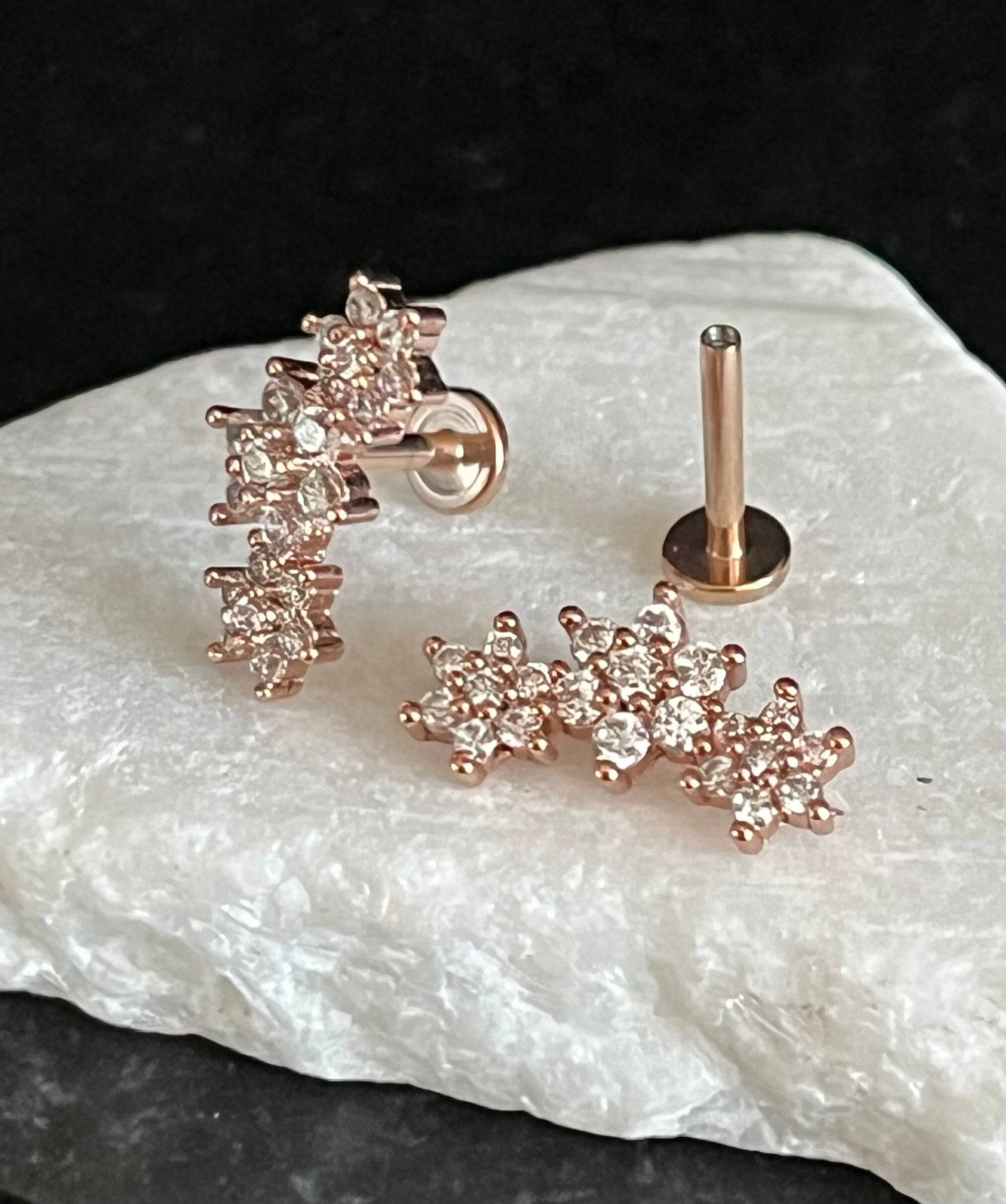 1 Piece Stunning Triple Gem Flowers 16g Internally Threaded Steel Labret - Sliver, Gold, Rose Gold and Aurora Borealis available!