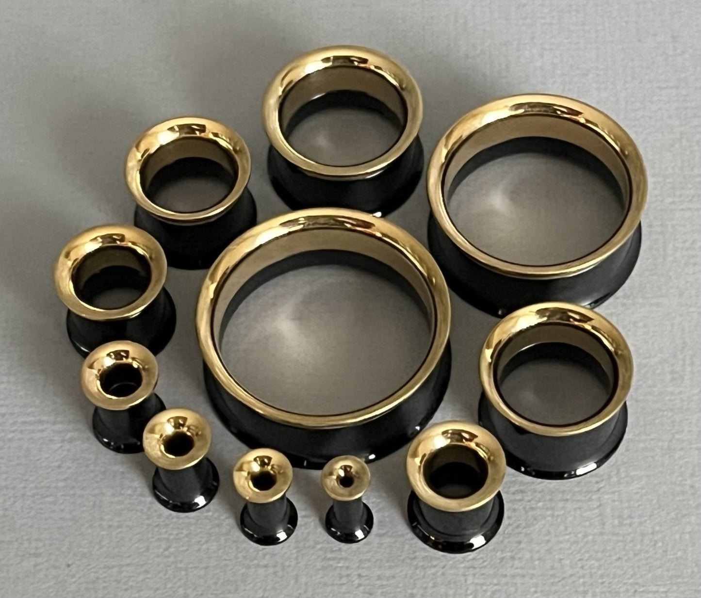 PAIR of Striking Black and Gold Internally Threaded Tunnels/Plugs - Gauges 8g (3mm) thru 1" (25mm) Available!