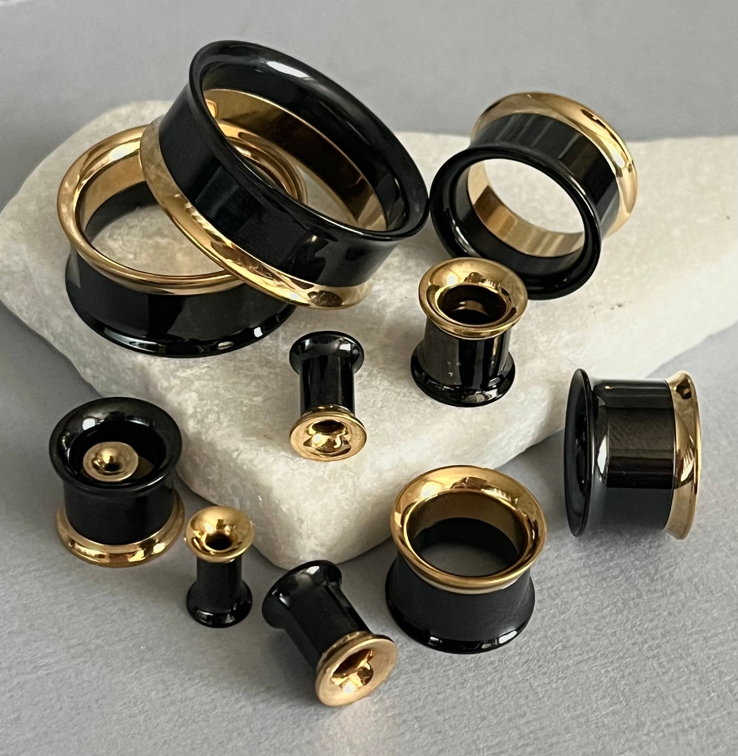 PAIR of Striking Black and Gold Internally Threaded Tunnels/Plugs - Gauges 8g (3mm) thru 1" (25mm) Available!