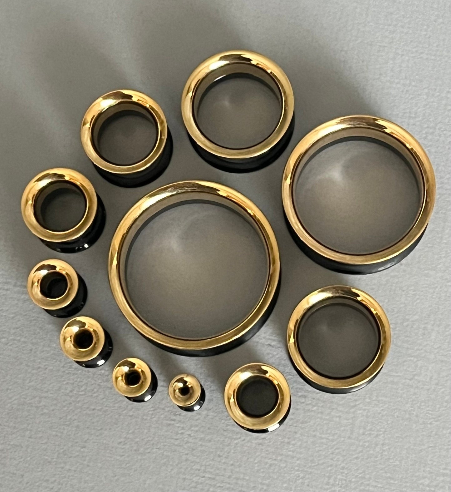 PAIR of Striking Black and Gold Internally Threaded Tunnels/Plugs - Gauges 8g (3mm) thru 1" (25mm) Available!