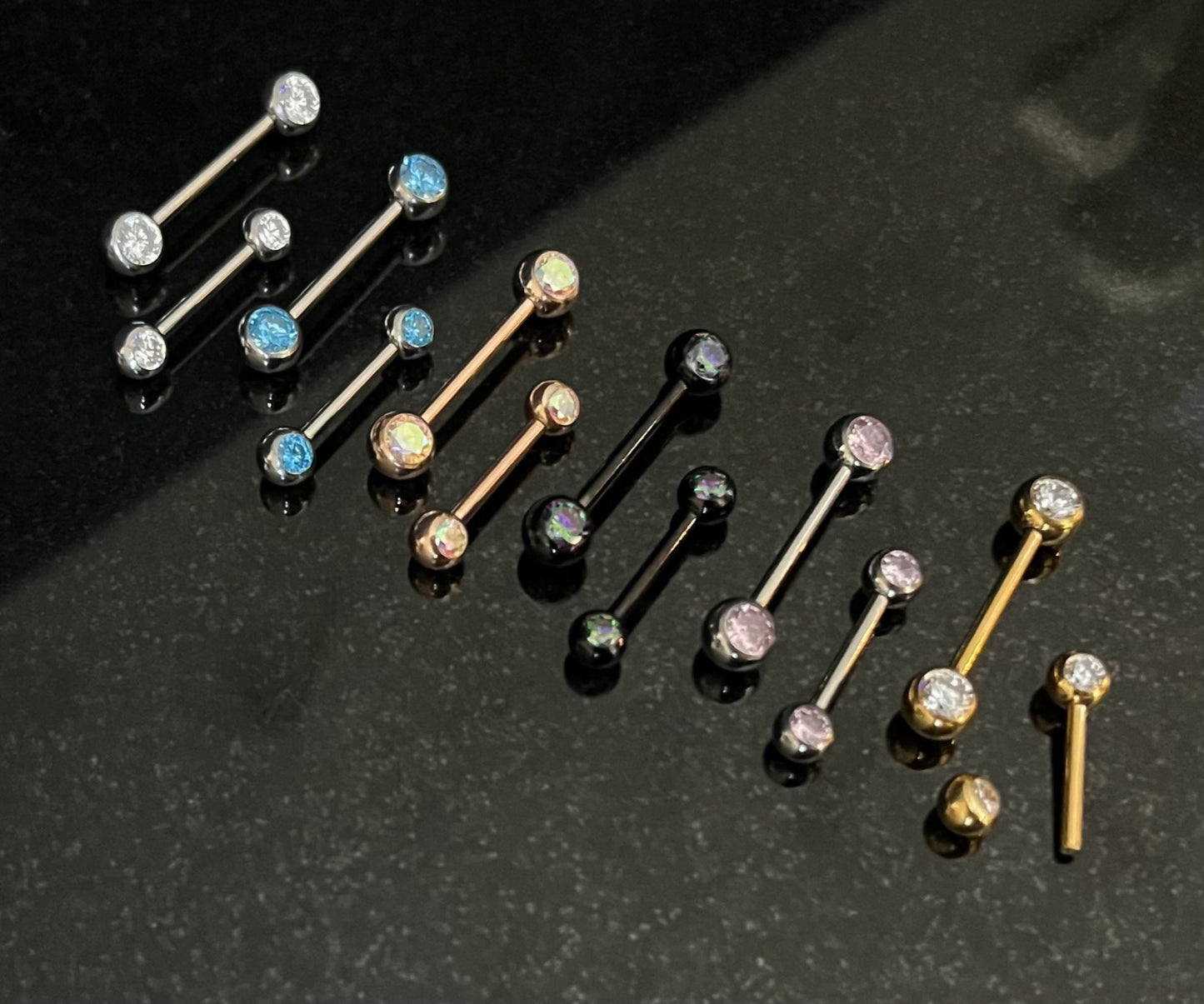 PAIR of Stunning Implant Grade Titanium Front CZ Gem Internally Threaded Industrial Barbell Rings - 14g - Length 12mm or 16mm Available!
