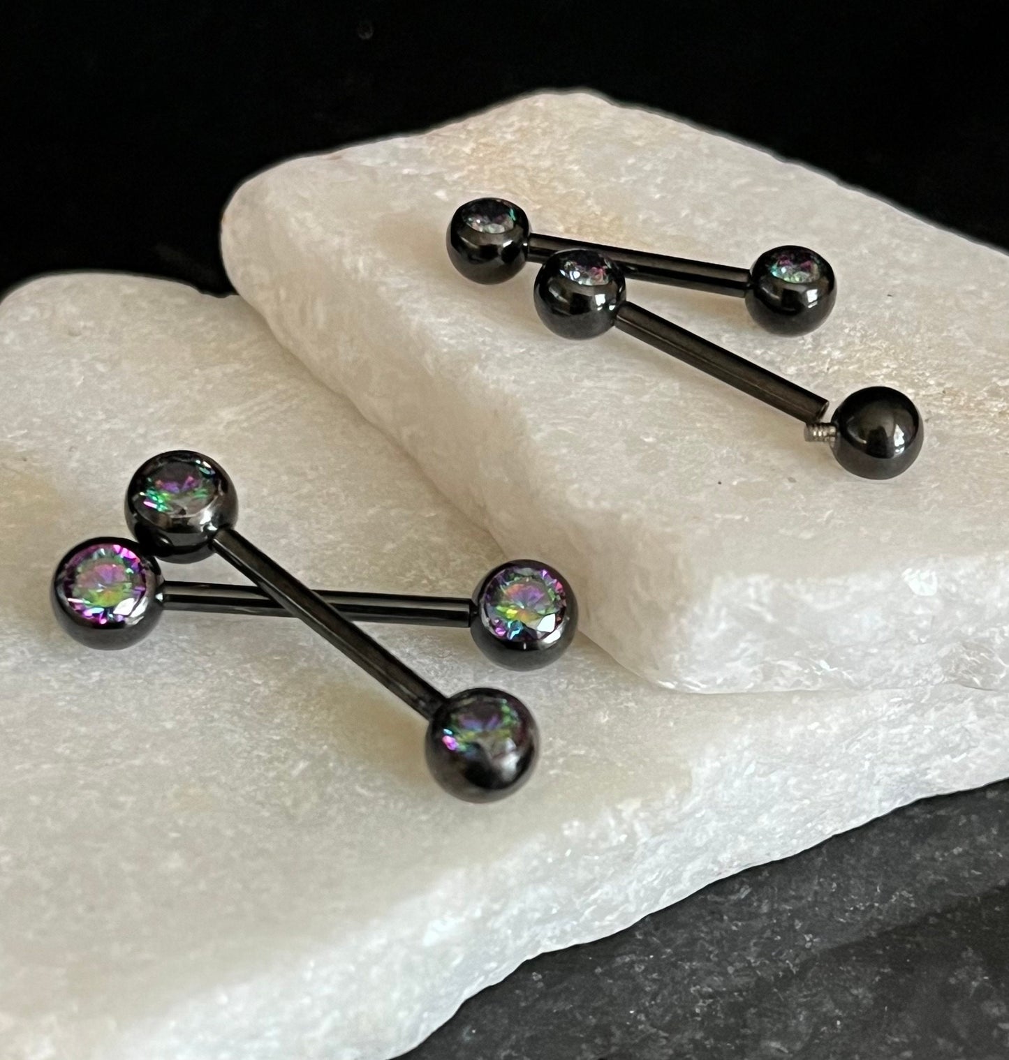 PAIR of Stunning Implant Grade Titanium Front CZ Gem Internally Threaded Industrial Barbell Rings - 14g - Length 12mm or 16mm Available!