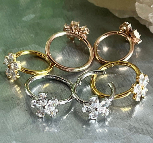 1 Piece Brilliant Gem Flower Hinged Segment Ring - 16g - 10mm or 8mm - Silver, Gold & Rose Gold Available!