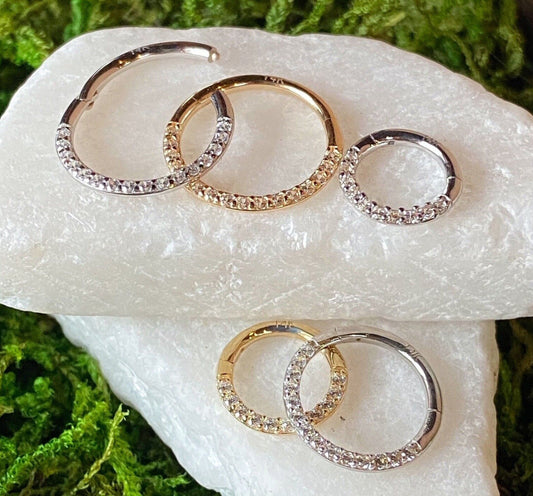 1 Piece of Stunning Solid 14kt Gold Front Paved CZ Gems Hinged Segment Ring - 10mm, 9mm, 8mm, 7mm & 6mm - Gold and White Gold Available!