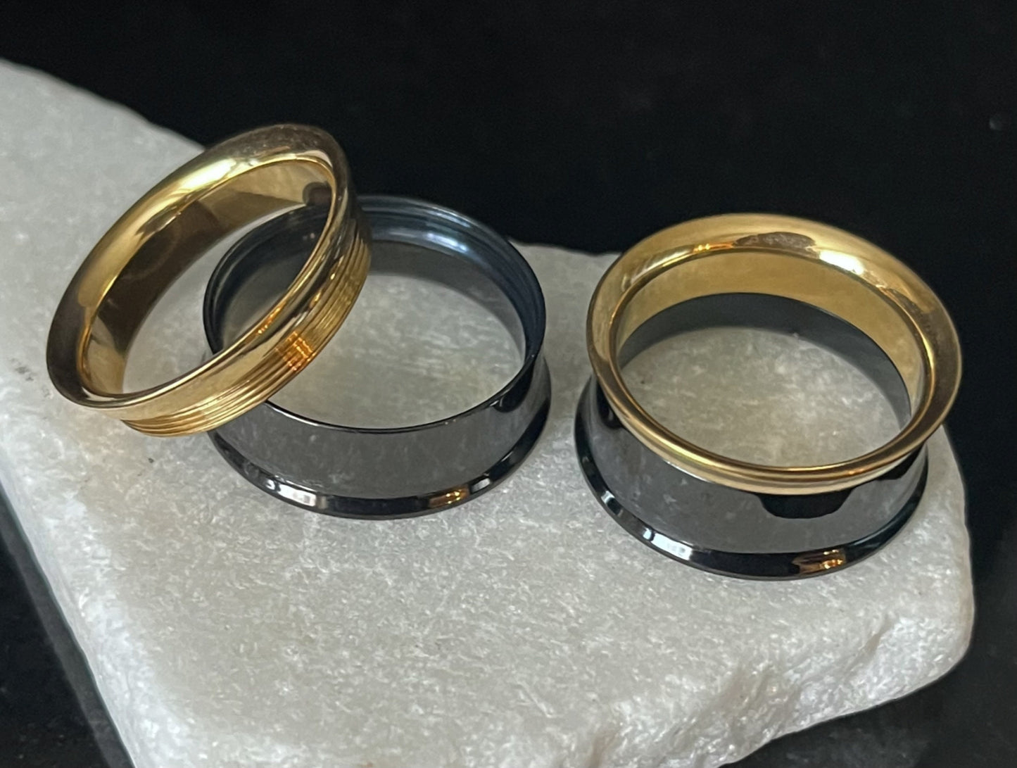 PAIR of Striking Black and Gold Internally Threaded Tunnels/Plugs - Gauges 8g (3mm) thru 1" (25mm) Available!