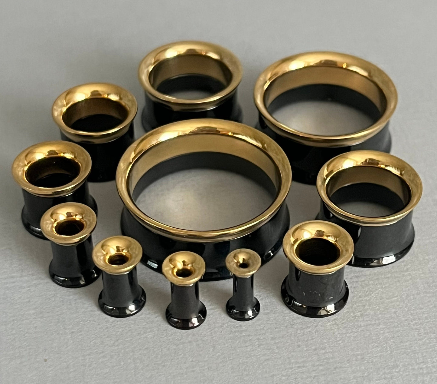 PAIR of Striking Black and Gold Internally Threaded Tunnels/Plugs - Gauges 8g (3mm) thru 1" (25mm) Available!