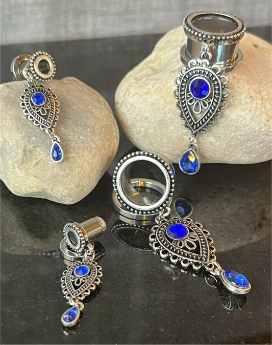 PAIR of Unique Blue Glass Gems Teardrop Dangle Screw Fit Tunnels/Plugs - Gauges 2g (6mm) thru 5/8" (16mm) available!