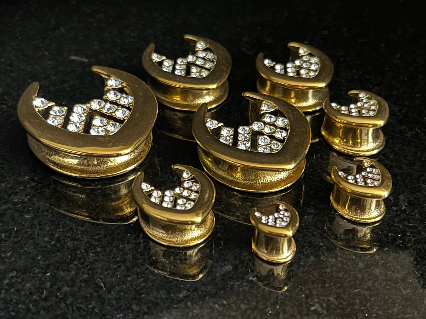 PAIR of Unique Paved CZ Gems Inner Design Saddle Surgical Steel Ear Spreader Hanger-Tunnels/Plugs -Gauges 0g (8mm) thru 1" (25mm) available!