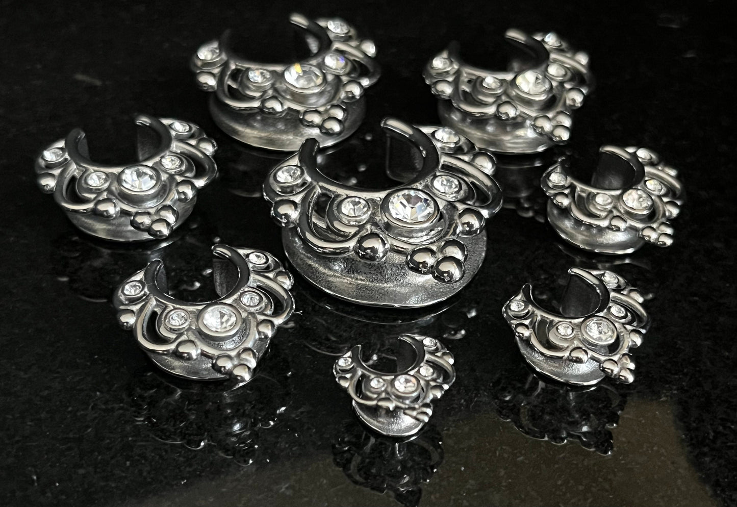 PAIR of Stunning Floral Filigree CZ Gems Saddle Surgical Steel Ear Spreader Hanger-Tunnels/Plugs -Gauges 0g (8mm) thru 1" (25mm) available!