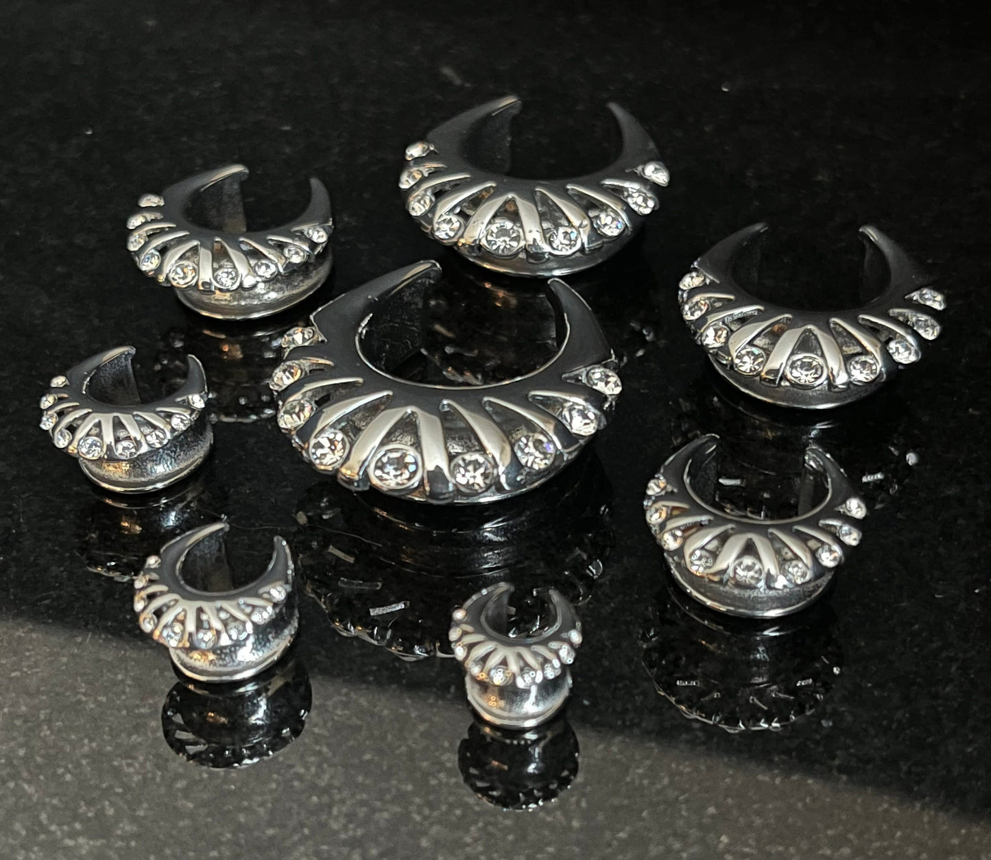 PAIR of Stunning CZ Gems Fan Edge Design Saddle Surgical Steel Ear Spreader Hanger-Tunnels/Plugs - Gauges 0g (8mm) thru 1" (25mm) available!