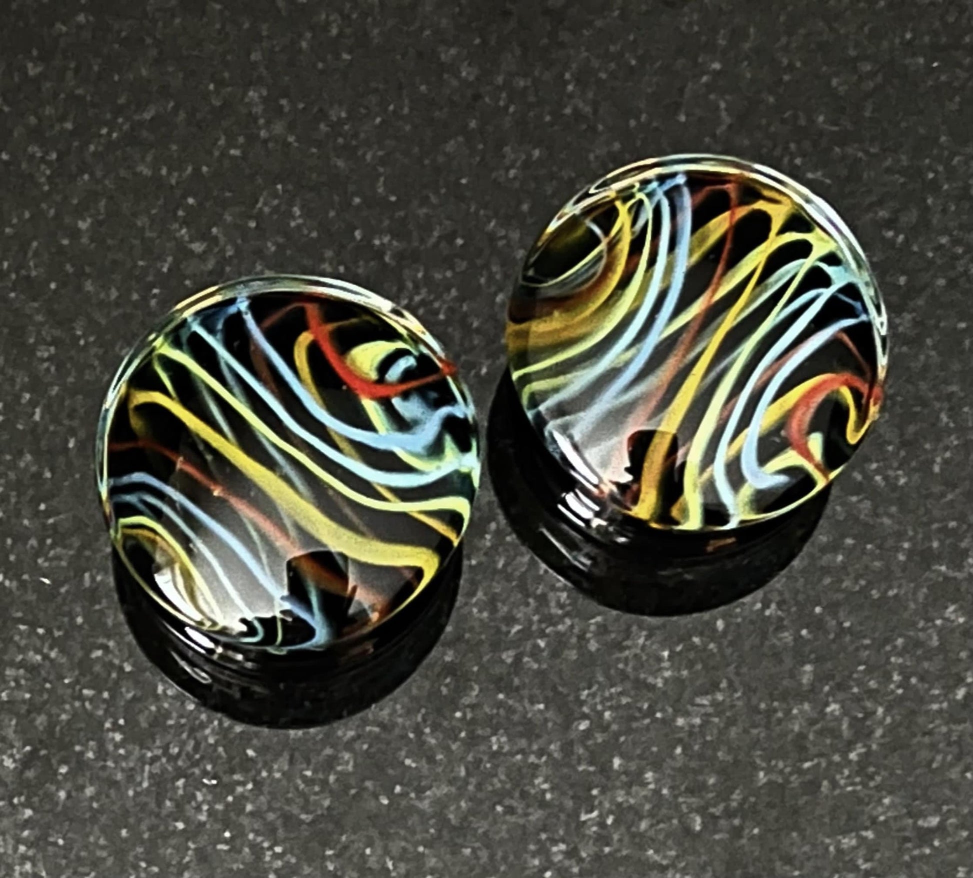 PAIR of Unique Neon Rainbow Swirls Design Double Flare Pyrex Glass Plugs - Gauges 2g (6mm) through 1" (25mm) available!