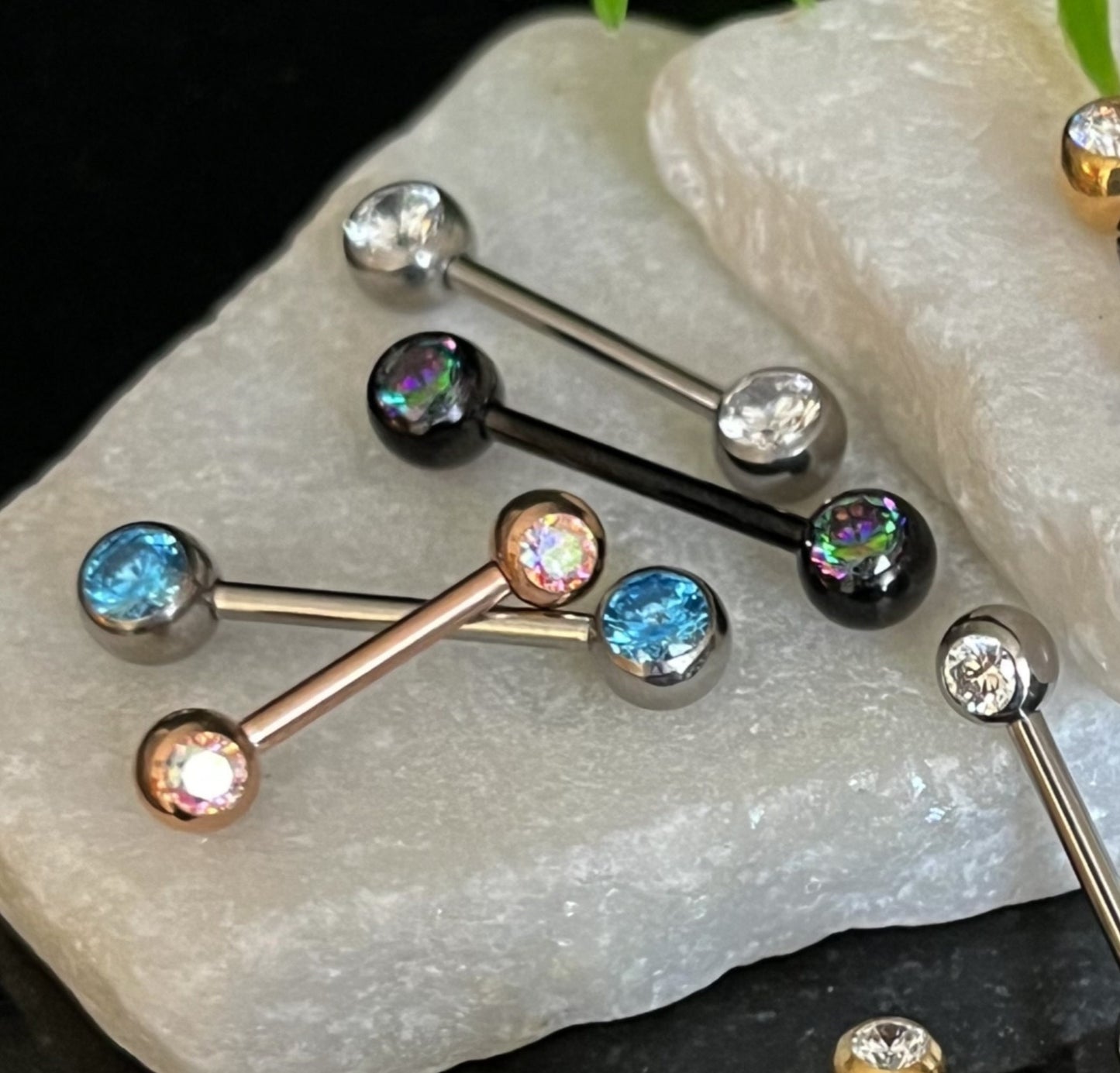 PAIR of Stunning Implant Grade Titanium Front CZ Gem Internally Threaded Industrial Barbell Rings - 14g - Length 12mm or 16mm Available!