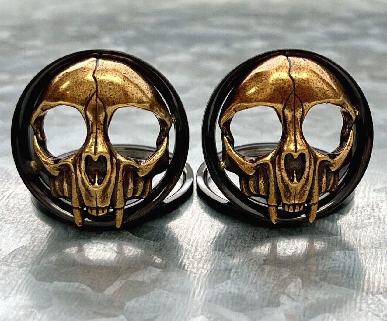 PAIR of Gold Skull with Fangs Black Screw Fit Tunnels /Plugs - Gauges 0g (8mm) thru 1" (25mm) available!