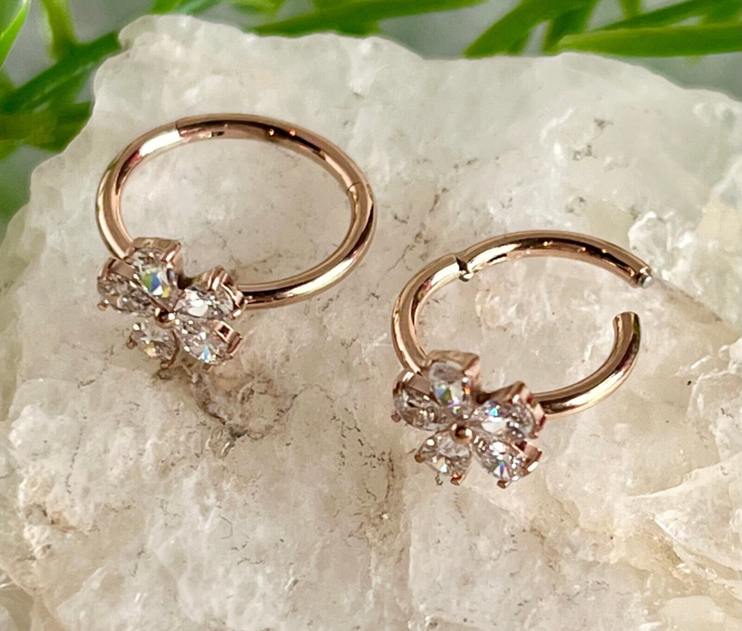 1 Piece Brilliant Gem Flower Hinged Segment Ring - 16g - 10mm or 8mm - Silver, Gold & Rose Gold Available!