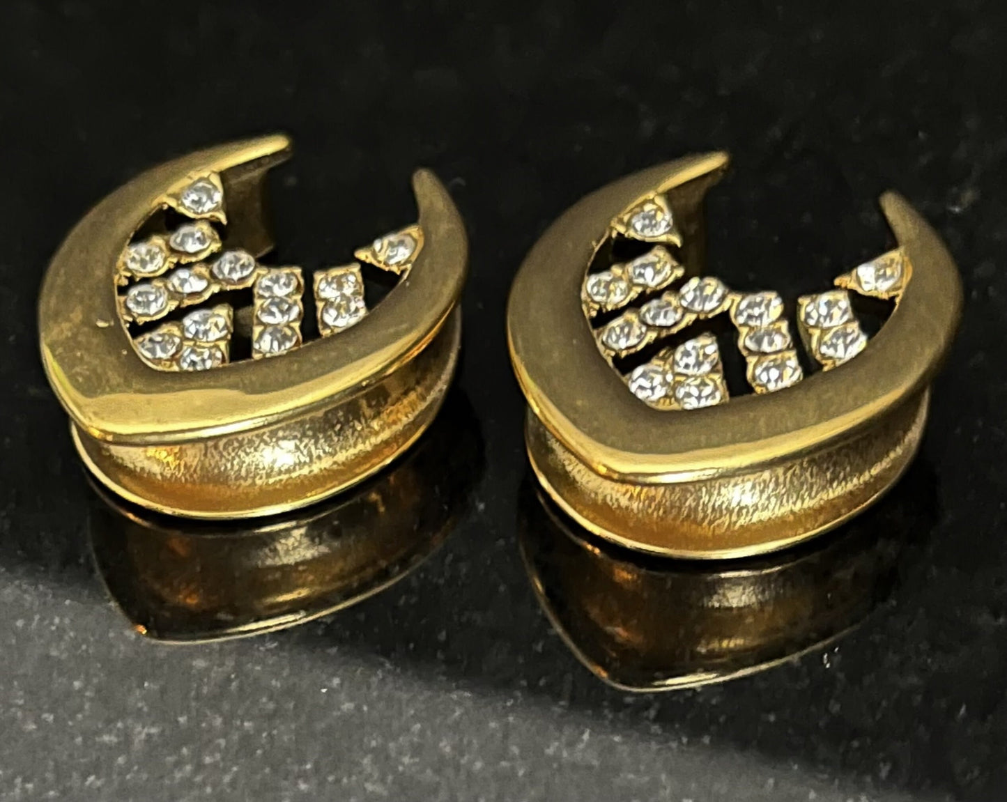 PAIR of Unique Paved CZ Gems Inner Design Saddle Surgical Steel Ear Spreader Hanger-Tunnels/Plugs -Gauges 0g (8mm) thru 1" (25mm) available!