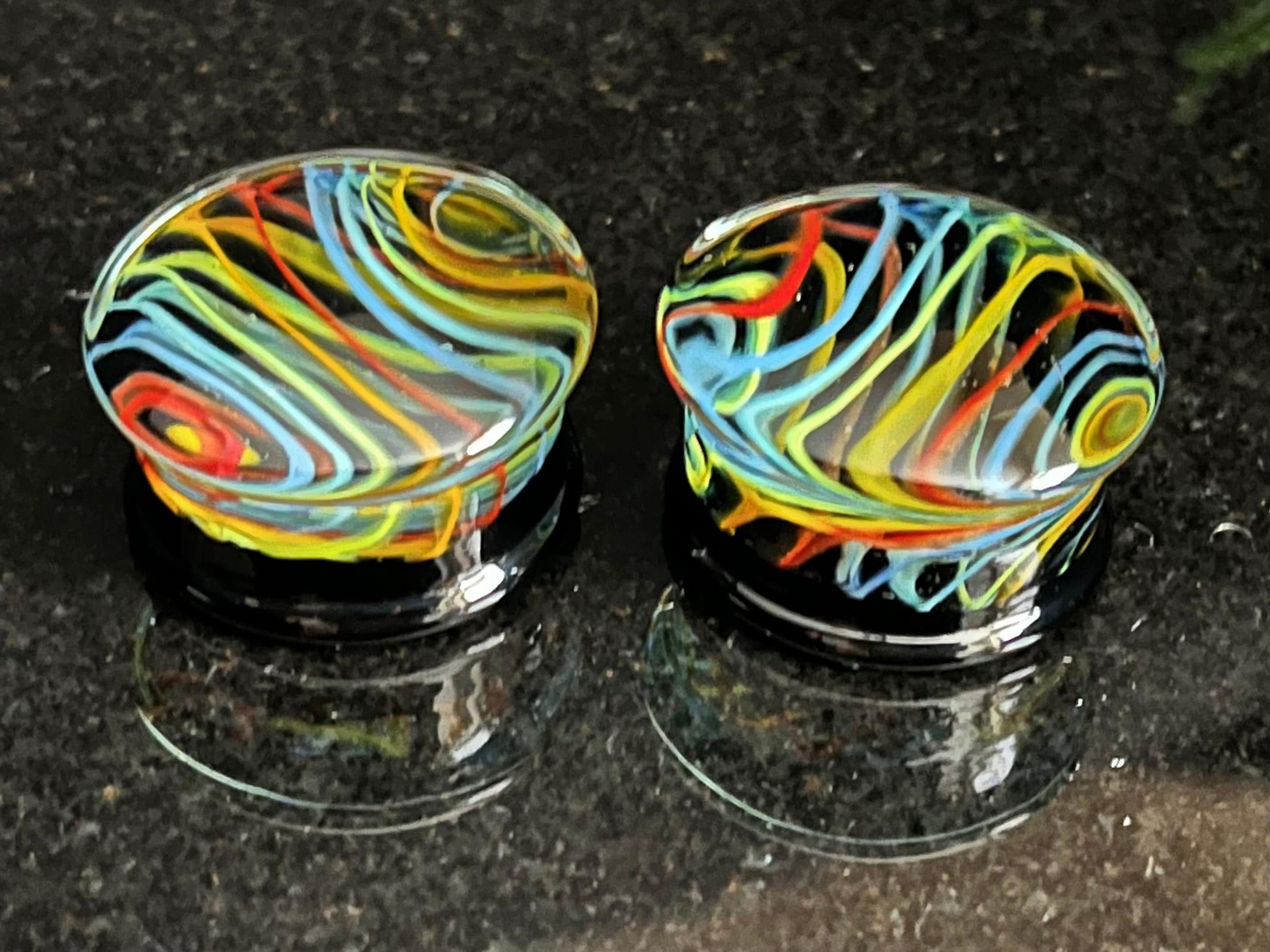 PAIR of Unique Neon Rainbow Swirls Design Double Flare Pyrex Glass Plugs - Gauges 2g (6mm) through 1" (25mm) available!