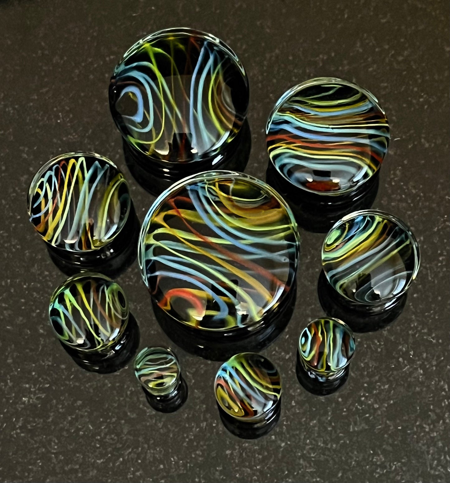 PAIR of Unique Neon Rainbow Swirls Design Double Flare Pyrex Glass Plugs - Gauges 2g (6mm) through 1" (25mm) available!