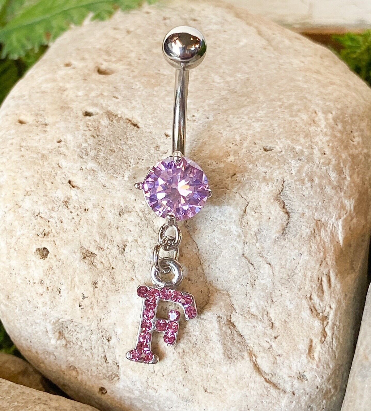 1pc Initial Paved Pink Gem Belly Ring Pierced Navel Letter Naval Piercing (Initial: F)