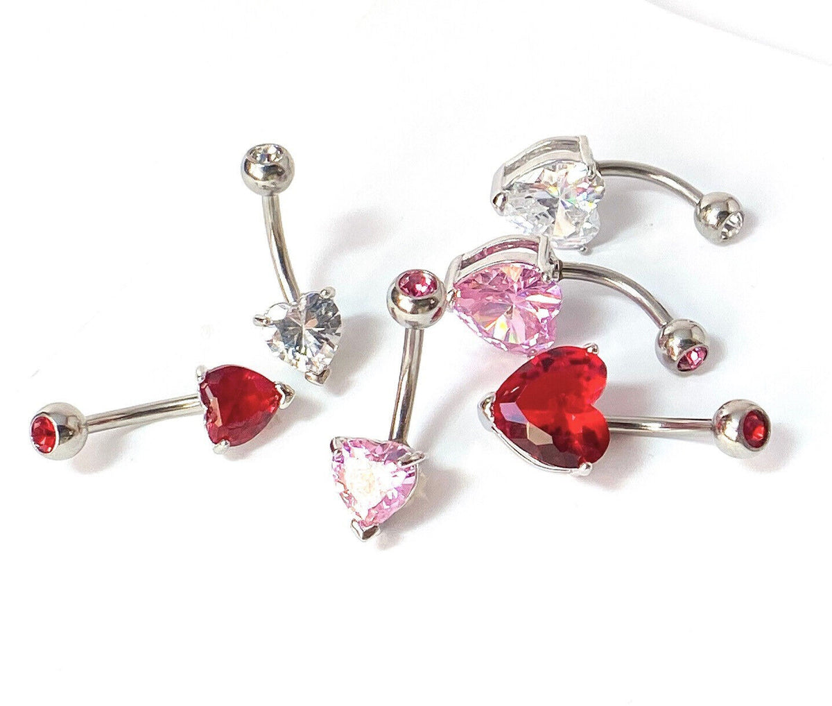 3pc Value Pack Heart Prong Set CZ Gem Surgical Steel Belly Rings Navel Naval