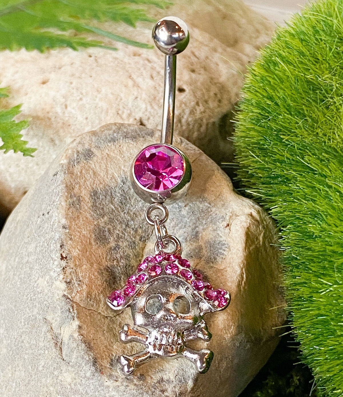 Pirate Skull & Crossbones Pink Gem Belly Ring Navel Piercing Pierced Naval