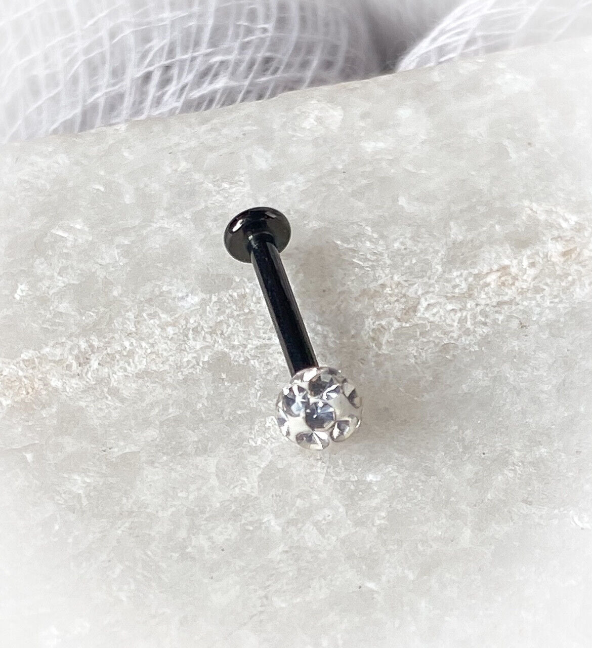 1pc Epoxy Coated Crystal Paved Ball Labret Cartilage Barbell Internally Threaded (Color: Black)