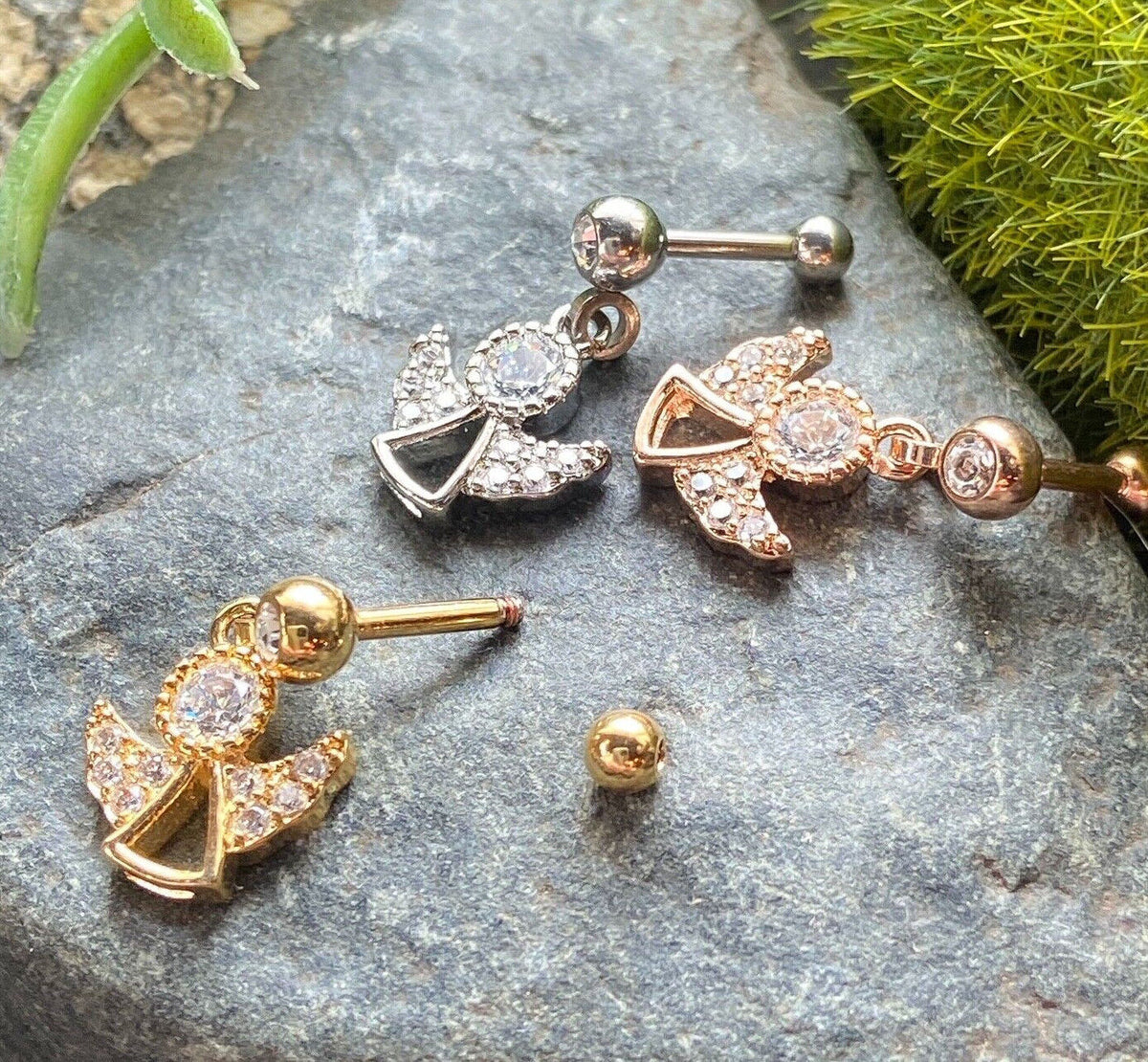 1pc CZ Gem Angel Dangle Surgical Steel Tragus Cartilage Barbell Ring 16g 1/4