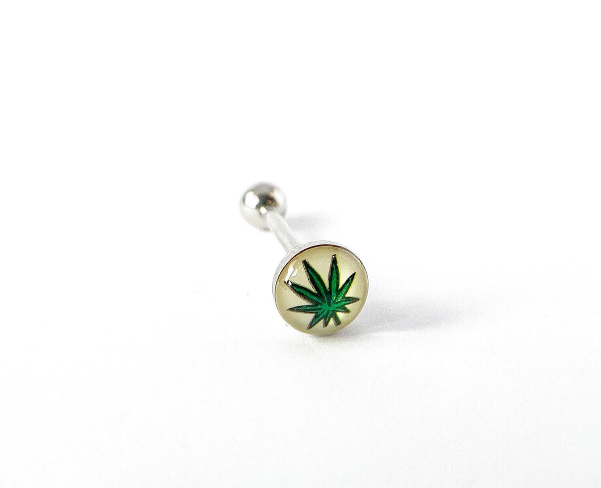 1pc Dome Logo Tongue Ring - choose from Adult Sayings, Sex, Bad Words +more! (Logo Style: Pot Leaf)