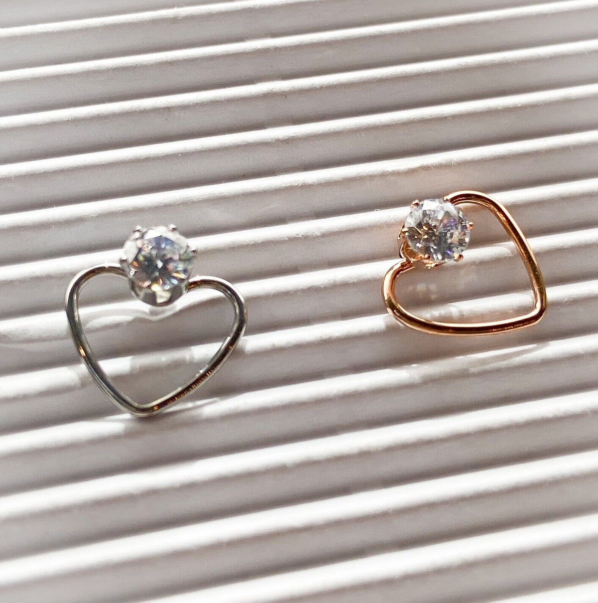 PAIR of CZ Gem Solitaire IP Stainless Steel 20g Earrings w/ Heart
