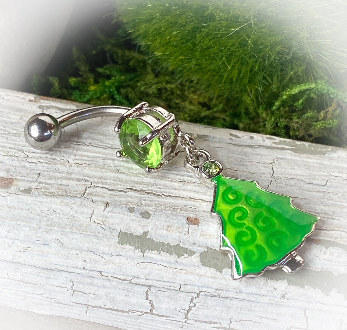 Green Christmas Tree Gem Belly Ring Navel Piercing Pierced Naval