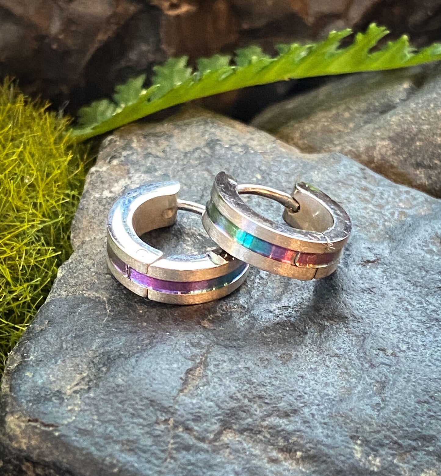 PAIR Small Hoop Huggie Earrings PVD Color Stripe Stainless Steel 20g Men / Women (Color: Multi-Color)