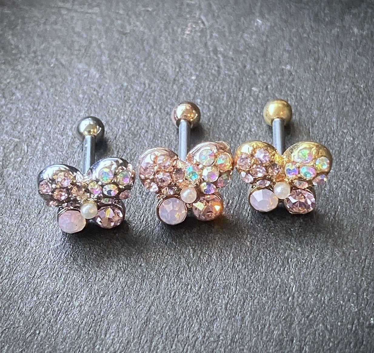 1pc Crystal Paved Butterfly Steel Tragus Cartilage Barbell Ring 16g 1/4"