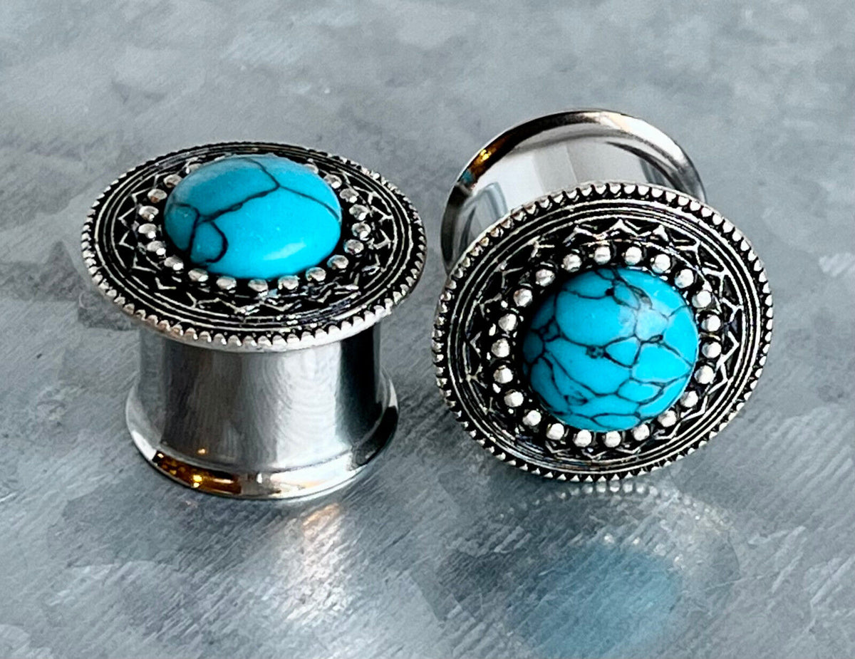 PAIR Antique Silver Shield w/Turquoise Center Double Flare Steel Tunnels Plugs