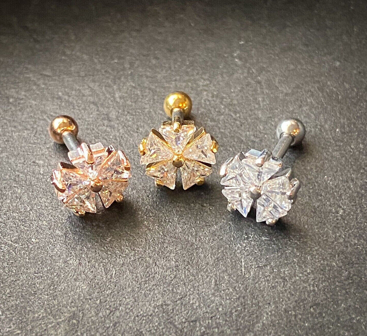 1pc Five CZ Gem Triangle Flower Steel Tragus Cartilage Barbell Ring 16g 1/4"