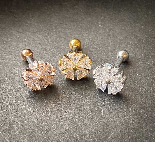 1pc Five CZ Gem Triangle Flower Steel Tragus Cartilage Barbell Ring 16g 1/4"