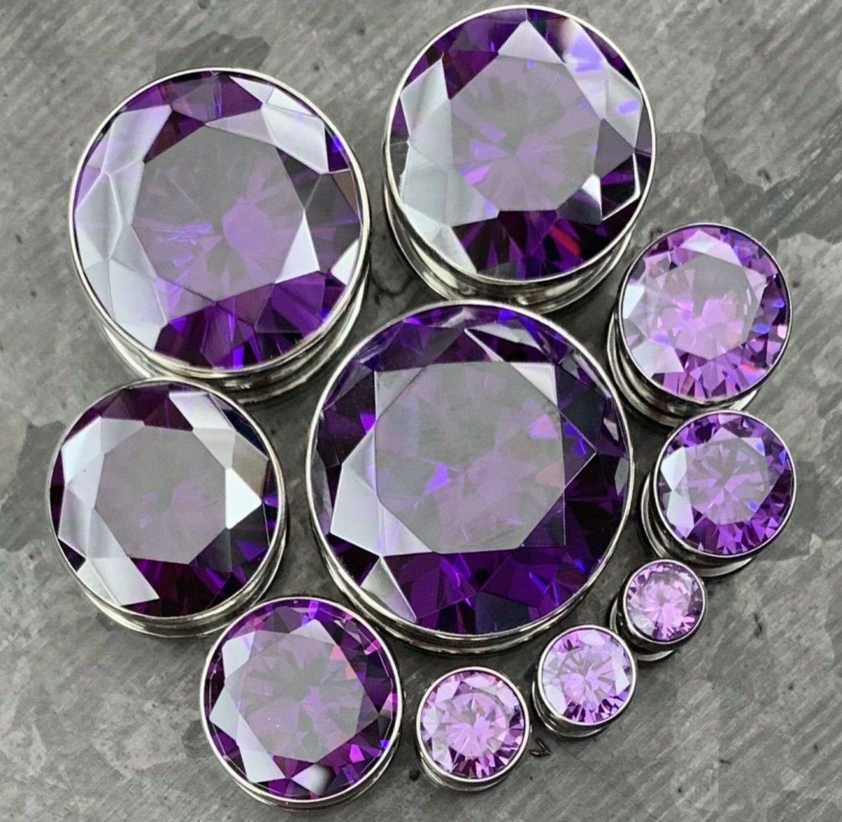 PAIR Large Purple Gem Screw Fit Tunnel Plugs Gauge Pierced Body Jewelry Piercing