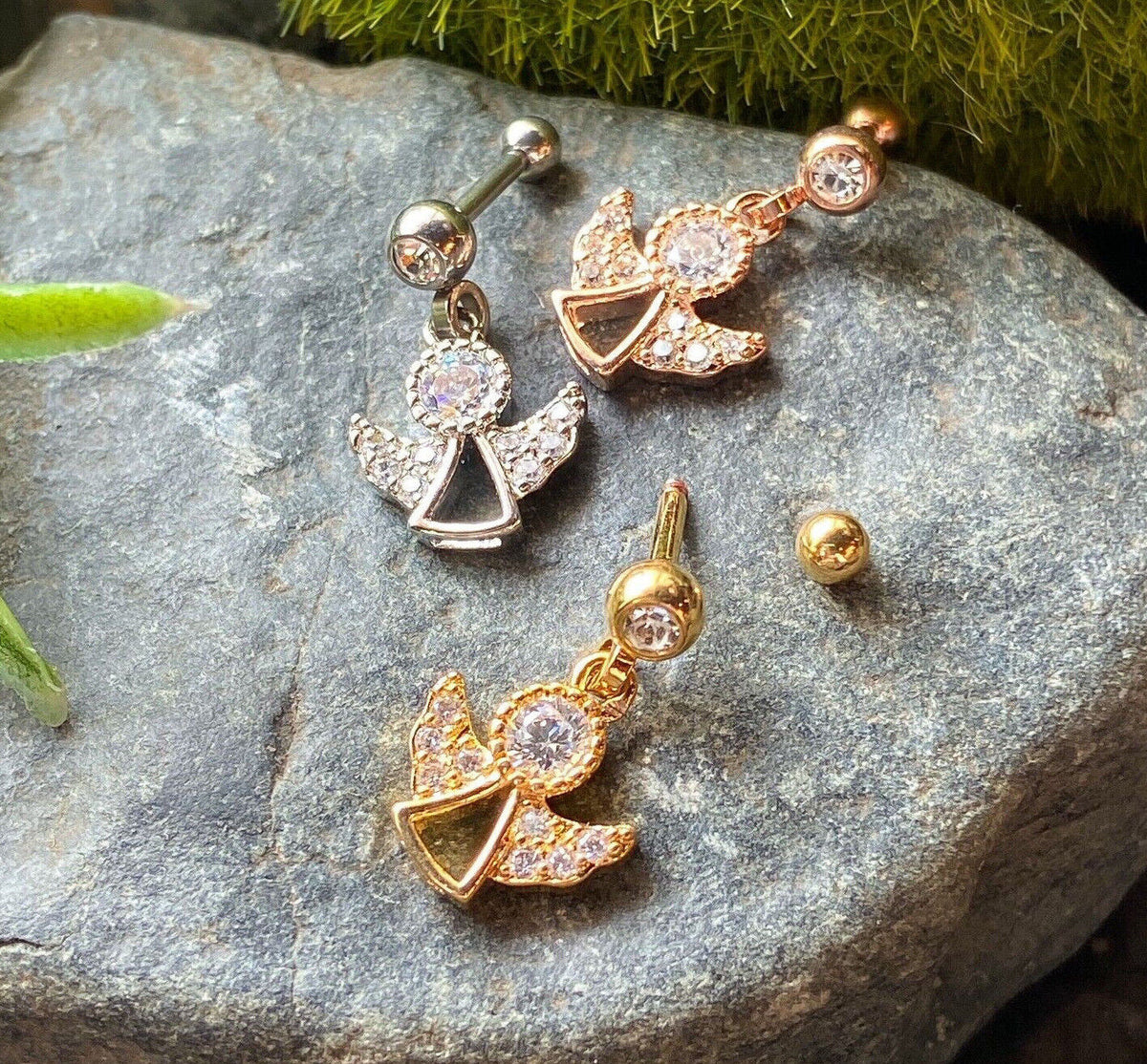 1pc CZ Gem Angel Dangle Surgical Steel Tragus Cartilage Barbell Ring 16g 1/4