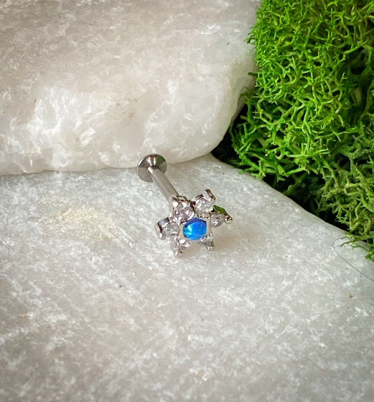 1pc Opal & CZ Star 16g Internally Threaded 1/4" or 5/16" Steel Labret Monroe (Color: Blue)