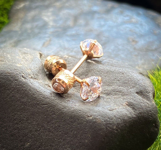 PAIR Prong Set CZ Gem Stud Rose Gold Earrings w/ Gem Centered Screw Back Steel