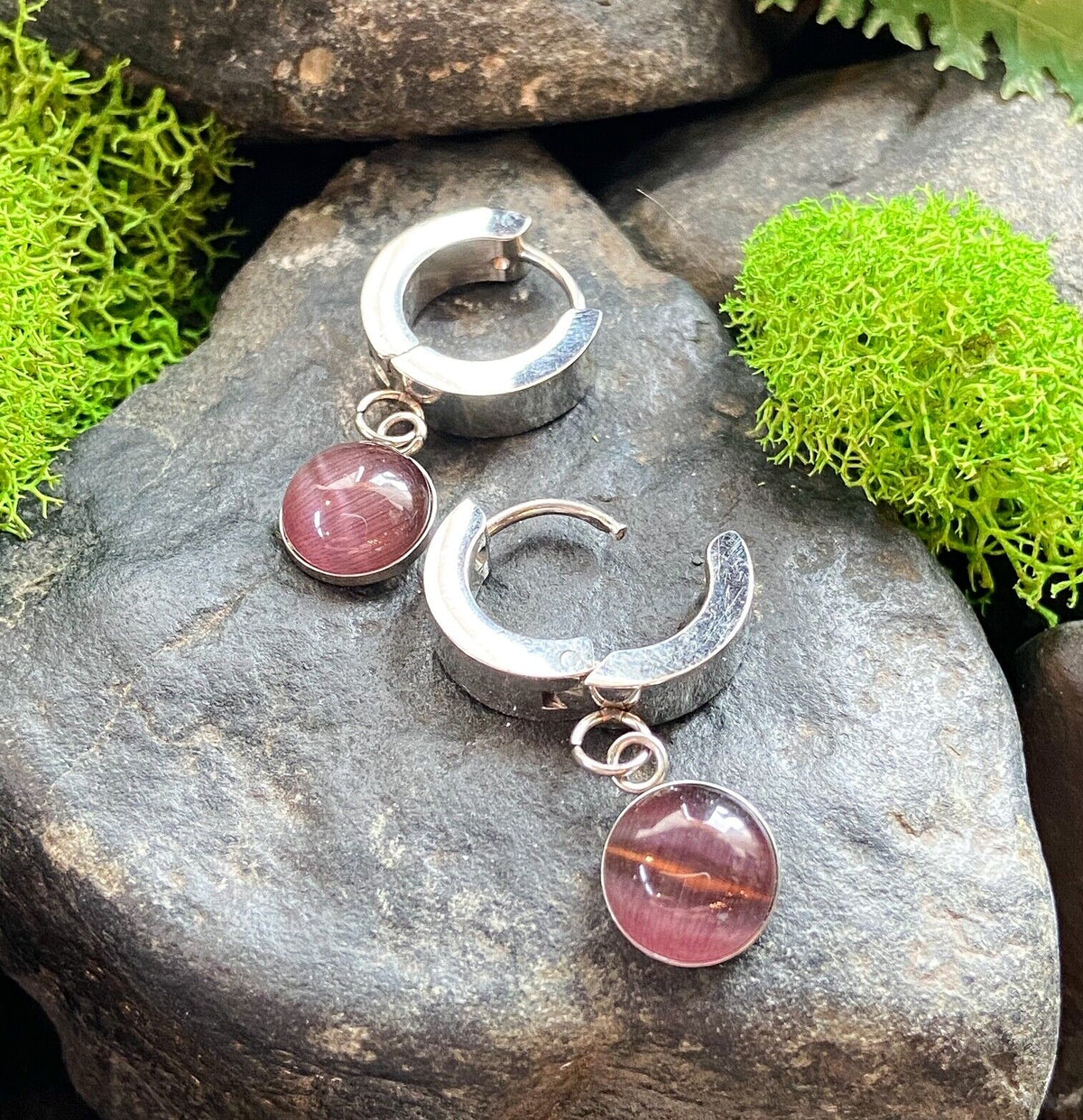 PAIR of Hinged Hoop Earrings Semi-Precious Stone Dangle 20g 316L Stainless Steel (Dangle Stone: Amethyst)