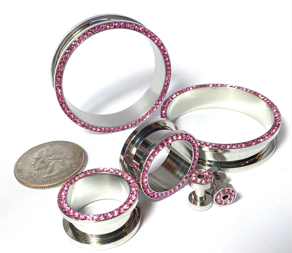 PAIR Pink CZ Gem Rimmed 316L Surgical Steel Screw Fit Tunnels Plugs Gauges