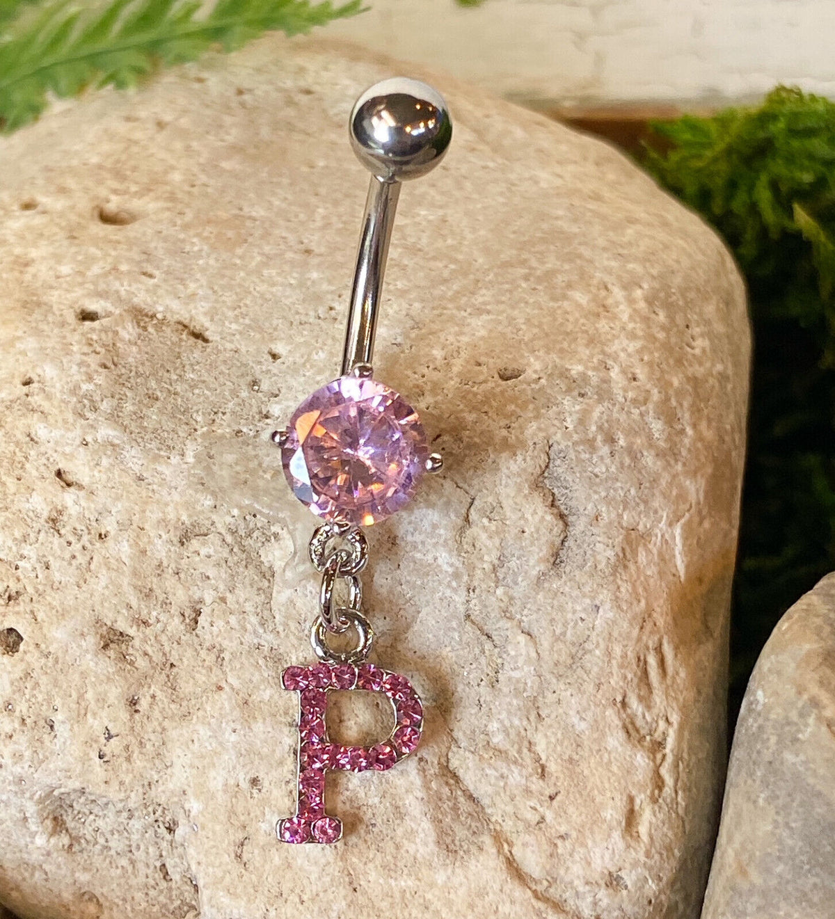1pc Initial Paved Pink Gem Belly Ring Pierced Navel Letter Naval Piercing (Initial: P)