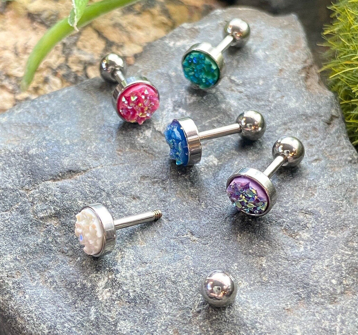 1pc Iridescent Druzy Stone Surgical Steel 16g Tragus Stud Ear Cartilage Ring