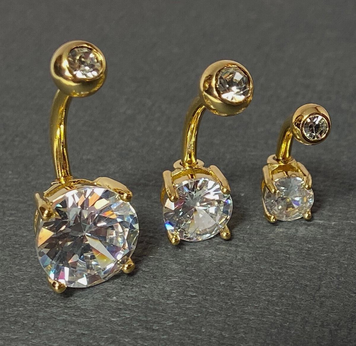 3pc Value Pack 5mm, 7mm, 10mm Prong Set Round CZ Gem Belly Rings Navel Naval (Color: Gold)