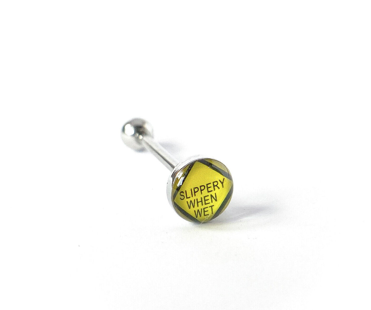 1pc Dome Logo Tongue Ring - choose from Adult Sayings, Sex, Bad Words +more! (Logo Style: Slippery When Wet)
