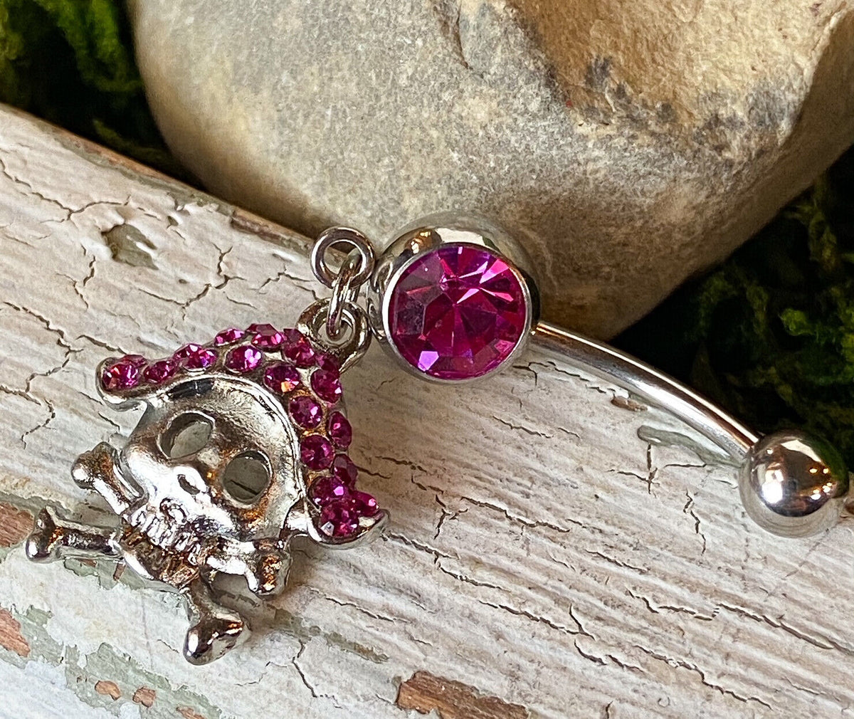Pirate Skull & Crossbones Pink Gem Belly Ring Navel Piercing Pierced Naval