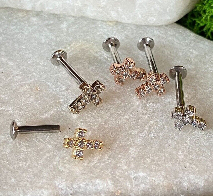 1pc CZ Gem Cross Top 16g Internally Threaded 1/4" or 5/16" Steel Labret Monroe