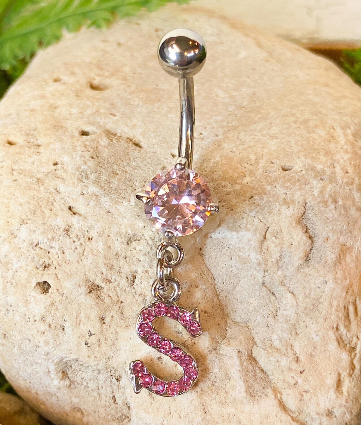 1pc Initial Paved Pink Gem Belly Ring Pierced Navel Letter Naval Piercing (Initial: S)